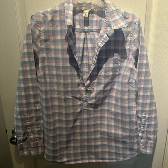 LL Bean Half Button Pullover Hidden Women's Plaid Shirt Size Small 100% Cotton - Picture 1 of 6